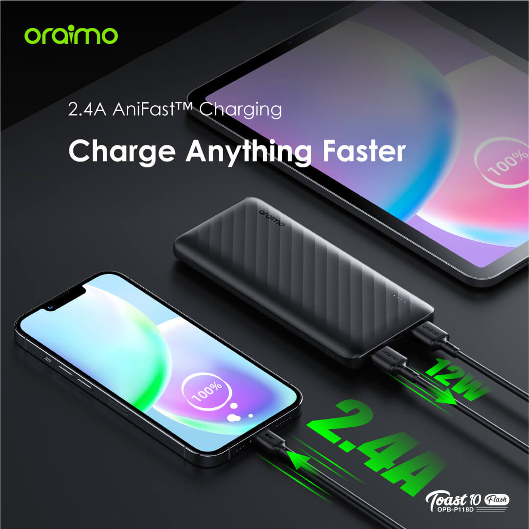 The 10000mAh battery capacity can charge most smartphones up to 2-3 times. • The 2.4A AniFast™ charging technology provides fast charging for your devices. • The ultra slim body and superior light weight make it easy to carry around.