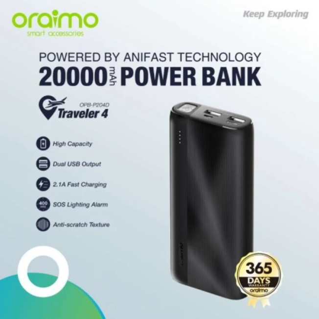 Oraimo OPB-P204D 15W 20000mAh Dual USB Output 2.1A Fast Charging Power Bank- Black